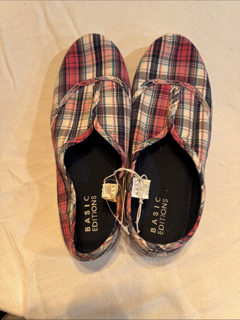 Basic Editions Plaid Slip-On Flats in Red, Navy and Cream
